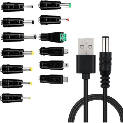 Chargeur Multi Embout USB vers DC 5,5 x 2,1 mm, Chargeur DC avec 13 Connecteurs, Câble Universel 1 m pour Tablettes, Routeurs, Haut-Parleurs et Appareils 5 V, Adaptateur d'alimentation Polyvalent (1/5)
