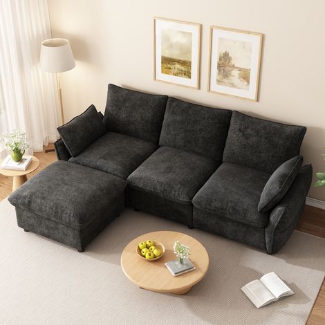 Divano angolare a 3 posti con pouf, 222,5 x 154,5 cm, seduta profonda e confortevole, tessuto ciniglia grigio scuro. (1/5)