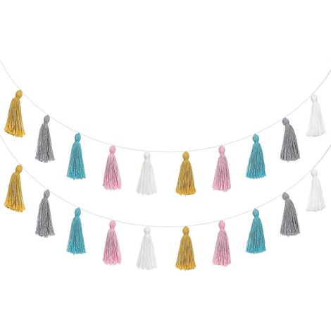 Set mit 2 Pompon-Girlanden aus Baumwolle in Pastellfarben, zur Dekoration von Geburtstagsfeiern oder als Hintergrund.