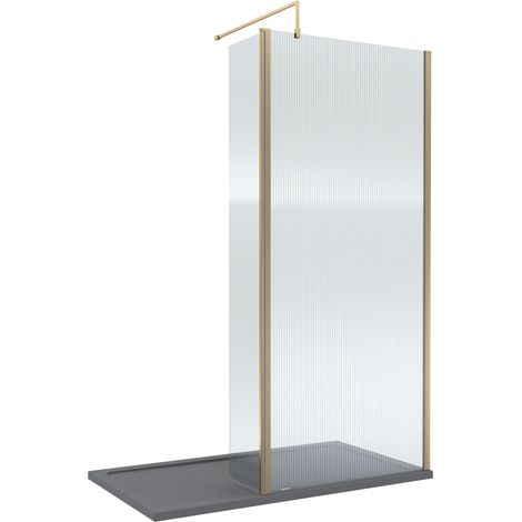 8mm Fluted Glass Walk In Wetroom Screen and Hinged Return with Brushed Brass Profile and Grey Shower Tray - 1400 x 900mm