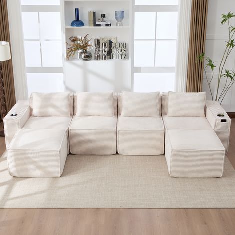 Canapé modulaire 4 places 330x162x75 cm beige en velours côtelé avec 2 poufs, porte-gobelets et poches (1/5)