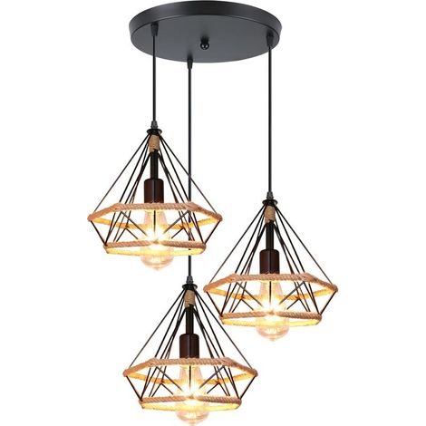 3 Lampes Suspension Luminaire Industrielle Lustre Plafonnier Vintage Luminaire Abat-jour Cage Diamant en Métal et Corde de Chanvre Lampe E27 pour Salle à Manger Salon, Ø30cm, Noir (1/5)