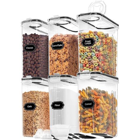 Lot de 6 boîtes de rangement hermétiques pour céréales avec couvercles, distributeurs de céréales en plastique pour cuisine et garde-manger, tasses à mesurer et 20 étiquettes (1/5)