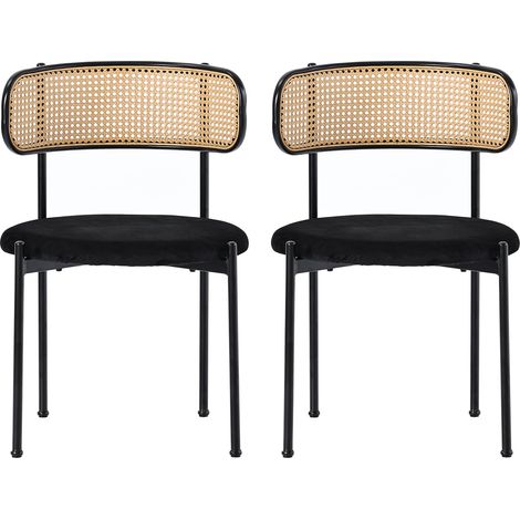 Set di 4 sedie da pranzo in velluto nero con schienale in rattan e gambe in metallo (1/5)