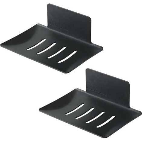 Jabonera, 2 unidades, soporte adhesivo de pared de acero inoxidable para jabón y esponja, bandeja de almacenamiento duradera para baño y cocina, no requiere perforación, color negro. (1/5)