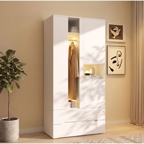 Armoire 3 portes avec LED, 2 tiroirs et 6 niches de rangement, 90 x 50 x 200 cm, blanche OKMYHOME (1/5)
