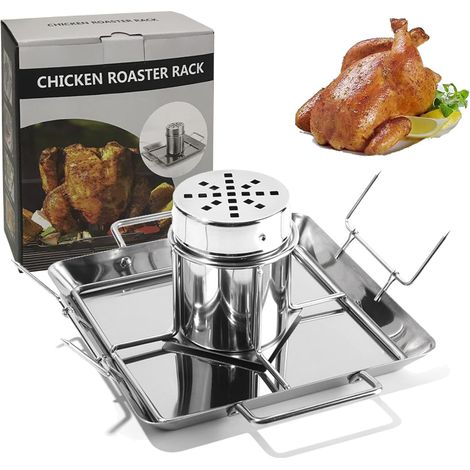 1 Support Poulet Canette Acier Inoxydable Vertical, Bac Égouttage, 2 Pics Légumes, Pour Barbecue Four Camping (1/5)