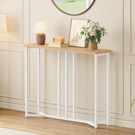 Console Meuble, 80CM Table Console Fine, Petite Table de Présentation, Table d’Entrée, Bout de Canapé, Table d'Appoint, pour Couloir, Entrée, Salon, Couleur Bois Brut Blanc (1/5)