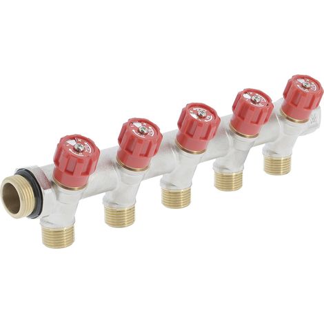 Collecteur mâle-femelle 3/4'' (20/27), 5 départs mâle 1/2'' (15/21), vanne rouge, pour sanitaire