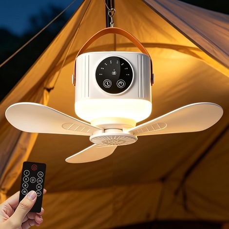 Ventilateur Plafond Portable - Batterie 7200mAh ,LED 4 Vitesses Télécommande – Appareil Camping , Jardin – Blanc (1/3)