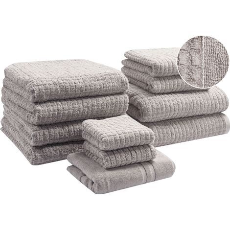 Conjunto de 11 toallas de baño de algodón suave de torsión baja con alfombrilla de baño gris claro Atai