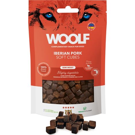 Friandises pour chiens Woolf Soft Cubes, monoprotéine de porc ibérique, 100 g (1/2)