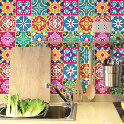 Sticker Mural Carrelage adhésif Cuisine Salle de Bain - 9 STICKERS CARREAUX DE CIMENT AZULEJOS AMBAR - 9stickers15x15cm (1/5)