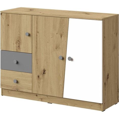 Cómoda Almira 106, Roble Artisan + Blanco + Gris, Con cajones y puertas, Número de cajones: 2, 90x120x40cm (1/4)