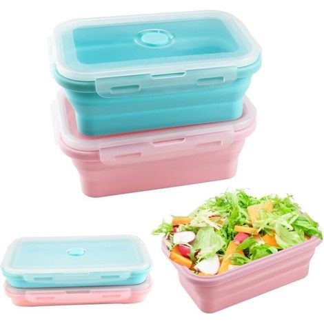 Collapsible Lunch Boxes, 800ML Collapsible Silicone Containers with Lids, Leak-Proof Foldable Lunch Box for Office, Camping, Picnic (Blue, Pink) (1/4)