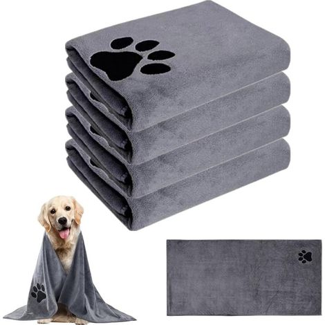 4 Pièces Serviette Chien 100 x 50 CM, Serviette pour Chien Doux Séchage Rapide Microfibre, Serviete Chien Super Absorbante pour Animaux pour Chats, Chiens ou Autres Animaux, Gris (1/5)