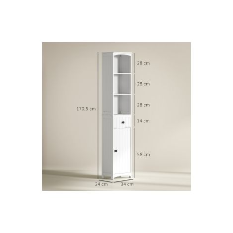 Meuble colonne de salle de bains blanc avec 3 étagères et 1 tiroir, 34 x 24 x 170,5 cm, pour salle de bains et toilettes (1/5)