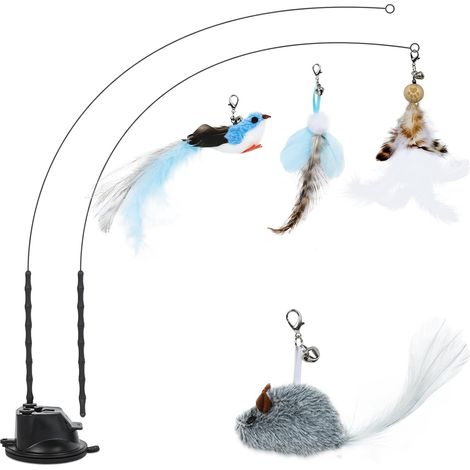 Jouet Chat, 7 Pièces Jouets pour Chats Interactif, Interieur Jeu à Plumes avec Ventouse, 2 Canne à Pêche, 1 Oiseaux à Clochettes pour Chaton, Cat Toys Accessoire Intelligence Chat Baguette (1/5)