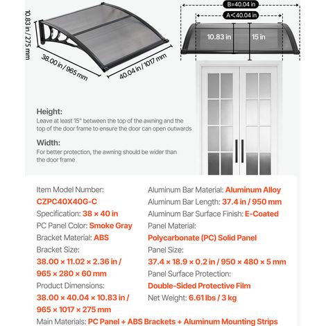 VEVOR Awnings for Door Entrance, 38 x 40 in, Exterior Front Door Window Awnings with Drainage & ABS Bracket, Rain Snow Sun Protection, Overhang Polycarbonate Door Canopy for Porch Patio, Smoky Gray (1/4)