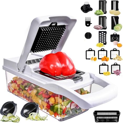 Multifunctional Vegetable Cutter, 22 in 1 Kitchen Mandolin, Manual Vegetable Cutter, Cucumber, Onion, Carrot, Tomatoes – Vegetable and Cheese Grater (White) (1/5)