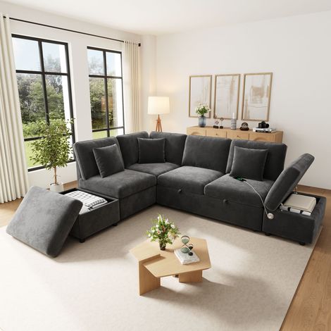Canapé d'angle convertible – 6 places en L 247,5 x 172 x 87 cm , Lit escamotable, pouf rangement mobile, ports USB/Type-C, 3 coussins moelleux, tissu chenille- gris (1/5)