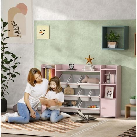 Estantería infantil de almacenaje (140x30x90 cm), con cajas extraíbles, para libros y juguetes, madera rosa (1/5)