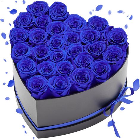Rose Éternelle 27 Fleurs Éternelles Préservées Boîte en Cœur, Bouquet Rose Éternelle, Cadeau pour Elle, Femme, Épouse, Maman, Sœur, Mamie, Amie, Anniversaire, Saint-Valentin, Noël, Bleu Royal (1/5)