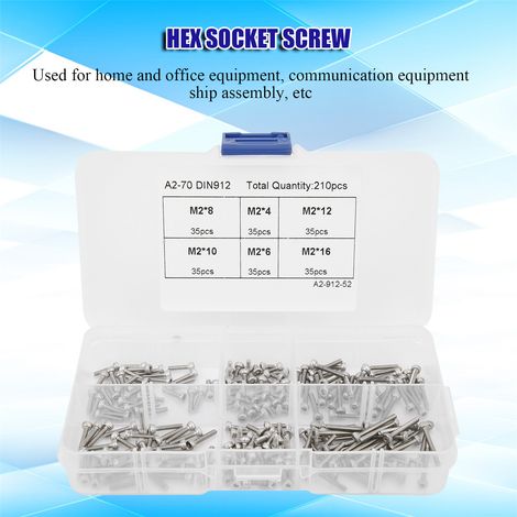 210 Vis à tête cylindrique six pans creux en acier inoxydable 304, assortiment de pièces de quincaillerie en boîte, M2 (1/5)