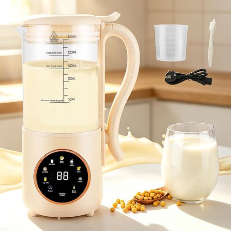 Machine à Lait Végétal 1400ml, Machine à Lait de Soja avec 16 Lames & 9 Programmes, Machine à Lait d'Avoine Amandé, Préparation de Boissons Végétales, Nettoyage Automatique et Minuterie (1/5)