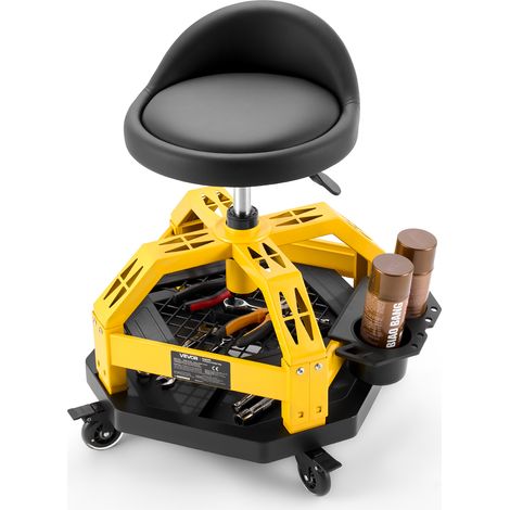 VEVOR Taburete de Taller con Ruedas Capacidad de 150 kg, Taburete Mecánico Altura Ajustable de 50-65 cm, Asiento de Mecánica Giratorio de 360°, con Respaldo, Bandeja para Herramientas, para Garaje (1/5)