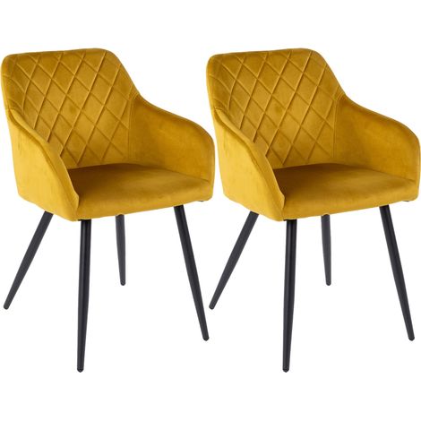 M&S – Lot de 2 chaises en velours moutarde 59x56x82 cm – Accoudoirs intégrés – Piétement métal noir – Pour salle à manger moderne