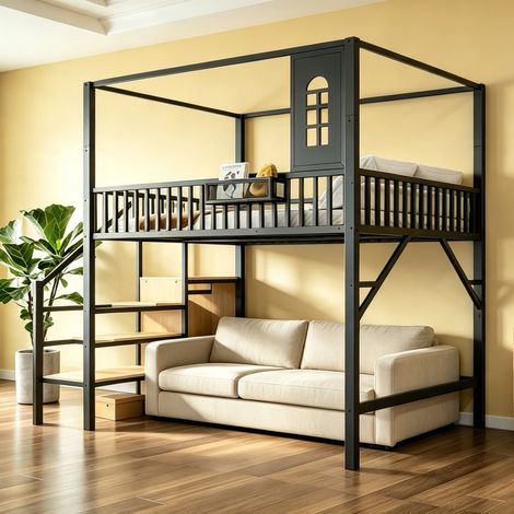 Lit mezzanine 140x200 cm en métal, Espace inférieur 135 cm, Escalier avec rangement et penderie, Cadre toit, Métal et MDF, Noir (1/5)