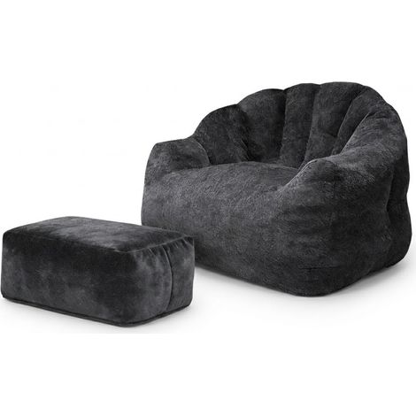 Sessel-und Hocker-Set aus Chenille, Blutenform-Sessel mit Faltlehne, Schwarz (1/5)