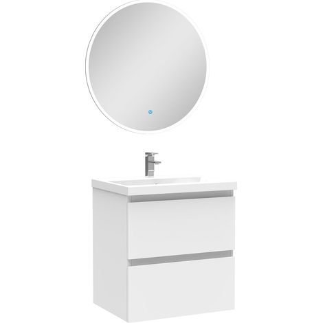 Ensemble meubles Salle de Bain Blanc 50cm simple vasque + miroir lumineux rond (1/5)