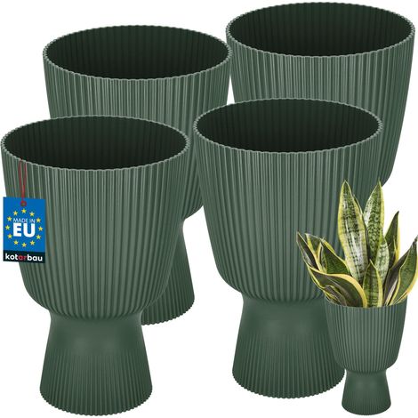 KOTARBAU® Lot de 4 Pot de Fleur  Ø 18 cm - Pot de Fleur Interieur - PVC - Pot de Fleur Exterieur - Pot pour Plante avec Socle - Nervuré - Forme de Coupe - H: 27 cm - Vert (1/4)
