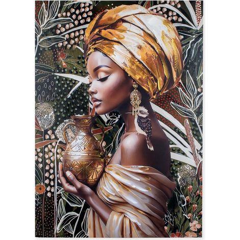Cuadro de mujer africana pintado en ocre y verde 100 cm