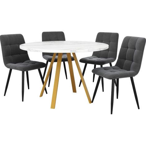 Conjunto de mesa de comedor redonda 80x80x75 cm con 4 sillas de terciopelo blanco y gris (1/5)