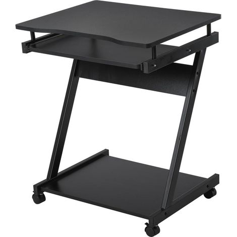 Bureau PC sur roulettes noir en métal 60x48 cm avec plateau clavier coulissant et étagère, pratique compact (1/5)