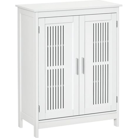 Meuble salle de bain, armoire salle de bain sur pied à 3 niveaux, double porte et étagère réglable, 60x30x80cm, blanc (1/5)