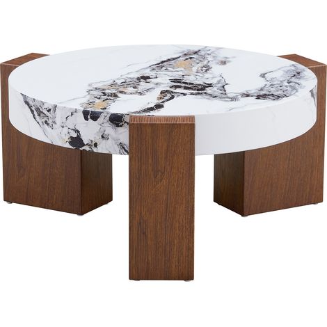 Table basse ronde deux niveaux en MDF effet noyer avec plateau verre trempé transparent (1/5)