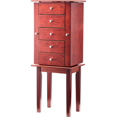 Mophorn Armario joyero de pie con 4 cajones, diseño de madera para organizar joyas, espejo abatible, compartimentos superiores, puertas laterales con 16 ganchos para collares, 390 x 300 x 995 mm