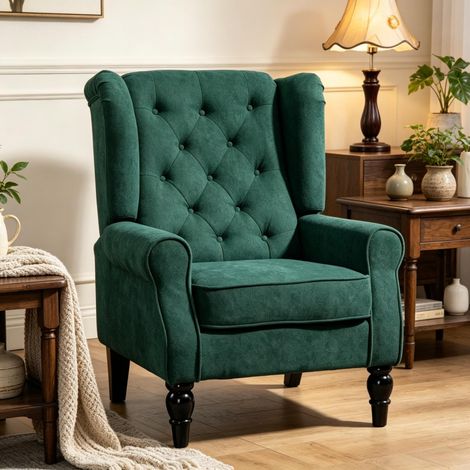 Fauteuil à oreilles 74x86x102 cm en tissu effet toile vert foncé, capitonné, pour salon – MEUBLIV (1/5)