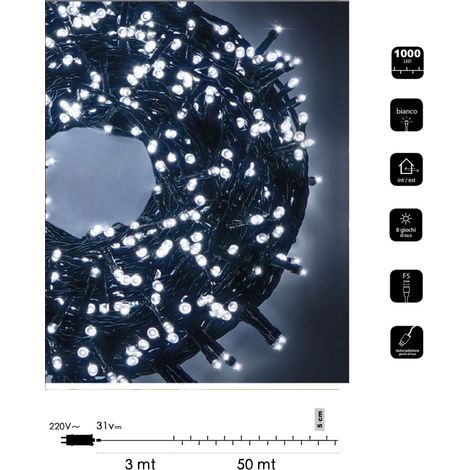 Catena di luci Natale 1000 led serie luminosa natalizie per esterno interno albero feste cavo verde decorativa Bianco freddo