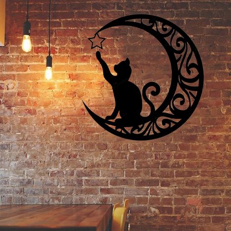 Décoration murale suspendue en métal représentant un adorable chat noir et la lune, idéale pour les fenêtres, les portes et les cheminées. (1/5)