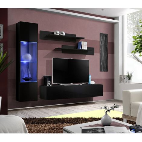 Ensemble meuble TV mural  - Fly III - 210 cm x 190 cm x 40 cm - Noir - Livraison gratuite
