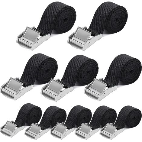 10 PCS Sangle de Serrage 25mm x 1m Capacité de Charge 250kg, Sangle de Fixation, Sangle de Serrage avec Boucle de Serrage pour Porte-vélos de Moto, Sangles D'arrimage Robustes, Noir (1/5)