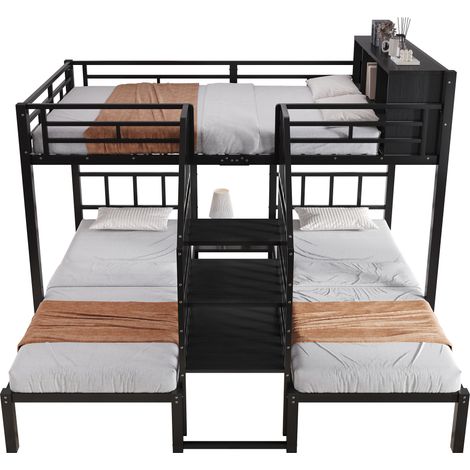 Lit superposé 3 places avec escalier à main courante, rangement intégré en hauteur, structure en métal noire, couchages 90x200 et 140x200 cm – CHICFURN (1/5)