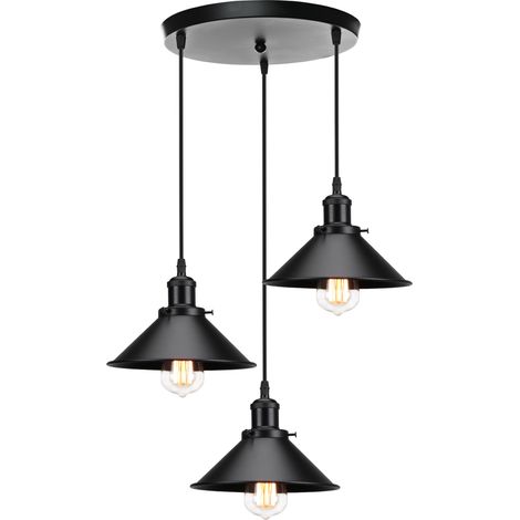 3 Lights Pendant Light, Industrial Metal Hanging Ceiling Lamp, Vintage Retro Chandelier with Lampshade for Kitchen Island (Black) (1/5)