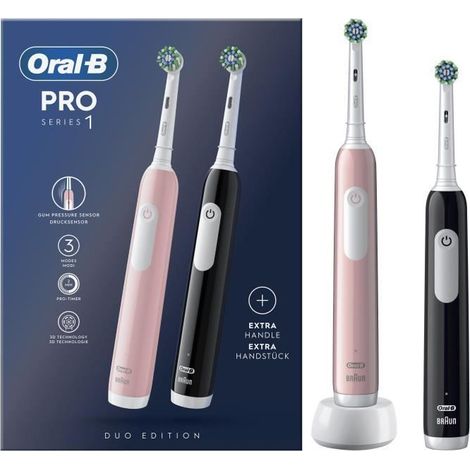 Oral-B Pro Series 1 Lot De Deux, Brosses a Dents Électriques Rose Et Noire, 2 Brossettes, Conçue Par Braun