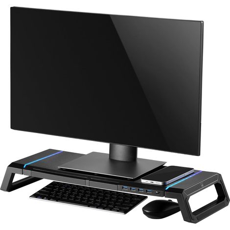Support de Moniteur RGB, Réhausseur d'Écran, Support de Moniteur Pré-Montage Ajustable, avec Tiroir de Rangement et Support de Téléphone + 4 ports USB en Façade, pour PC/Laptop/iMac/TV, Noir